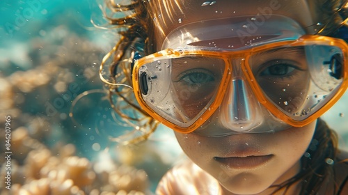 A young girl with diving equipment and a mask is exploring the underwater environment, swimming in the ocean to observe marine organisms and practice underwater diving AIG50 © Summit Art Creations