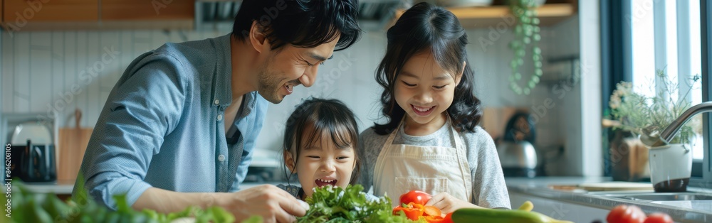 Happy Asian Family Preparing Breakfast Sandwich with Vegetables Together at Home Happy Asian Family Preparing Breakfast Sandwich with Vegetables Together at Home