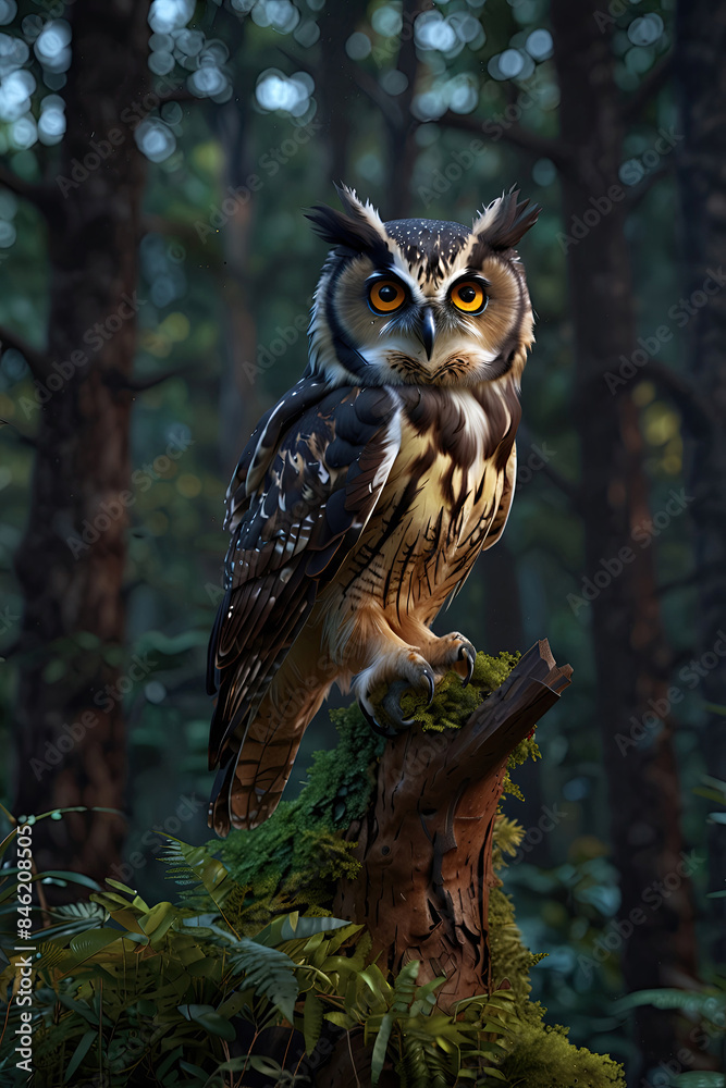owl perched in the forest trees owl perched in the forest trees