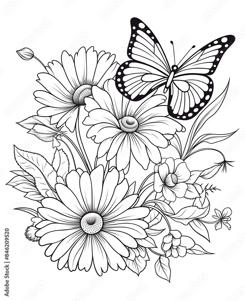 Floral summer background. Black and white seamless pattern. Blooming flowers, butterflies, dragonfly. Roses, peonies, hydrangea. Vintage Template for paper, wallpapers, textiles. Vector illustration.