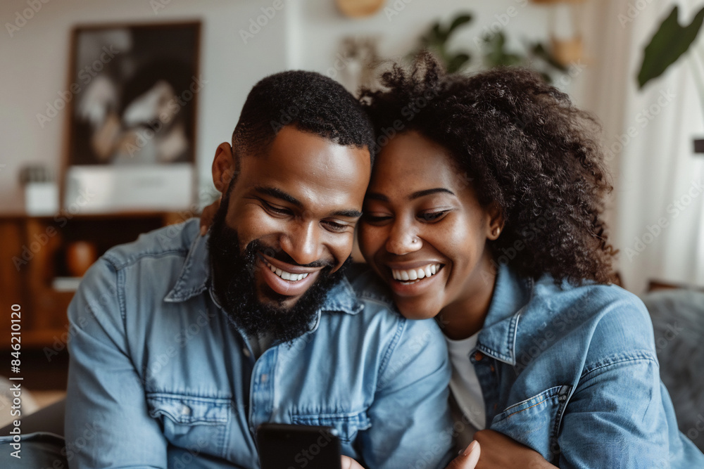 Smiling couple cuddling on a couch and looking at a smartphone, cozy and intimate moment in a modern living room with artwork and plants in the background Smiling couple cuddling on a couch and looking at a smartphone, cozy and intimate moment in a modern living room with artwork and plants in the background