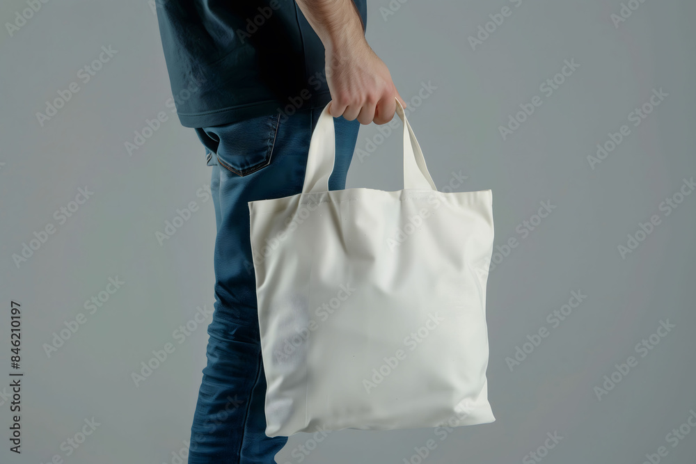Mockup of a stylish man holding a white tote bag for fashion or promotional designs. Mockup of a stylish man holding a white tote bag for fashion or promotional designs.