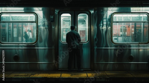 A lone figure stands facing away from the camera framed by the reflective windows of the subway train. The persons posture conveys . .