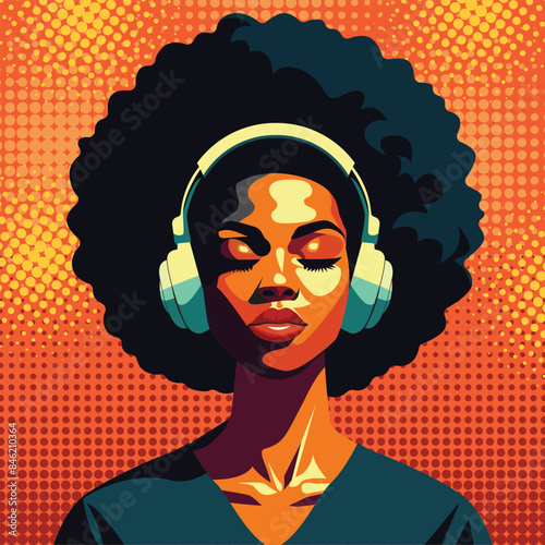 A black-skinned woman listens to music with joy while wearing headphones.