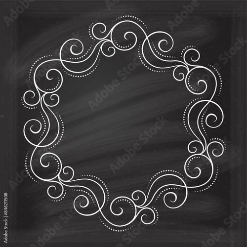 Floral decorative frame on a chalkboard background. Monogram, wedding invitation or greeting card template. 