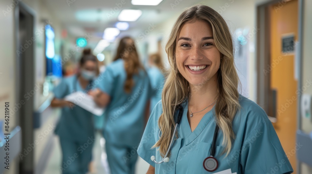 Cheerful Nurses Reviewing Documents in Hospital Corridor Cheerful Nurses Reviewing Documents in Hospital Corridor