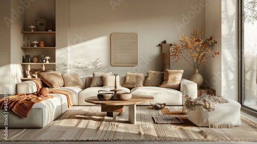 Elegant Japandi-style interior with fabric and wooden sofas, warm lighting. AI generative.