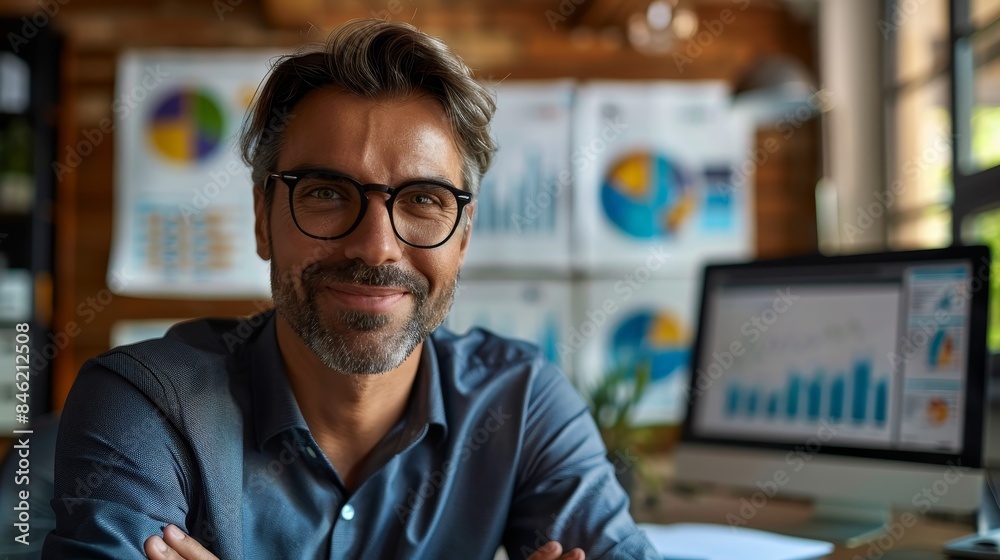 Fototapeta premium Confident businessman wearing glasses and looking at camera with graphs and charts in the background.