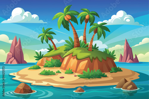 Tropical Island Vector Illustration with Palm Trees and Ocean View