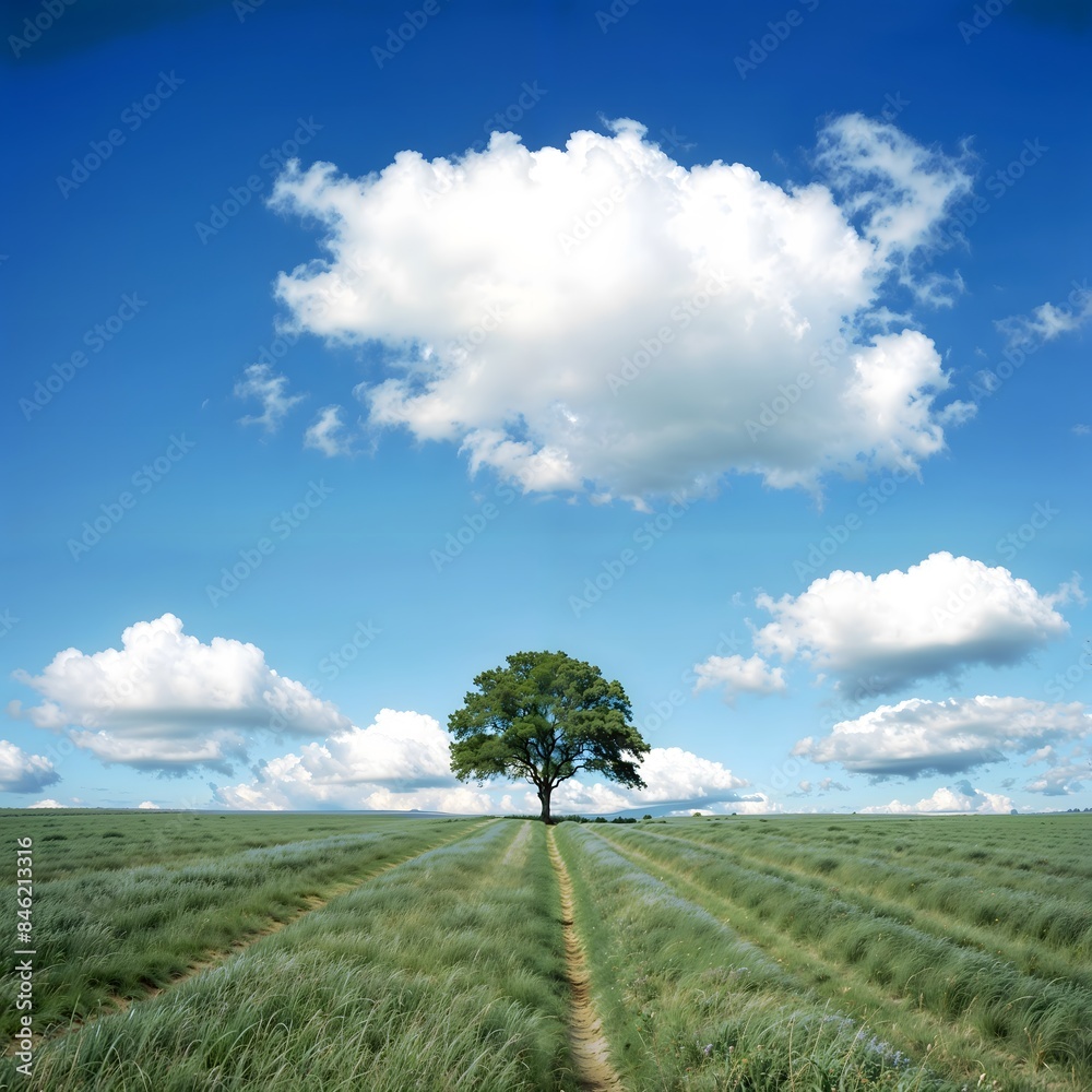 A lonely tree in a green field. Tree on green field. Digital artwork of tree sits on top of a green field under blue sky and clouds A lonely tree in a green field. Tree on green field. Digital artwork of tree sits on top of a green field under blue sky and clouds