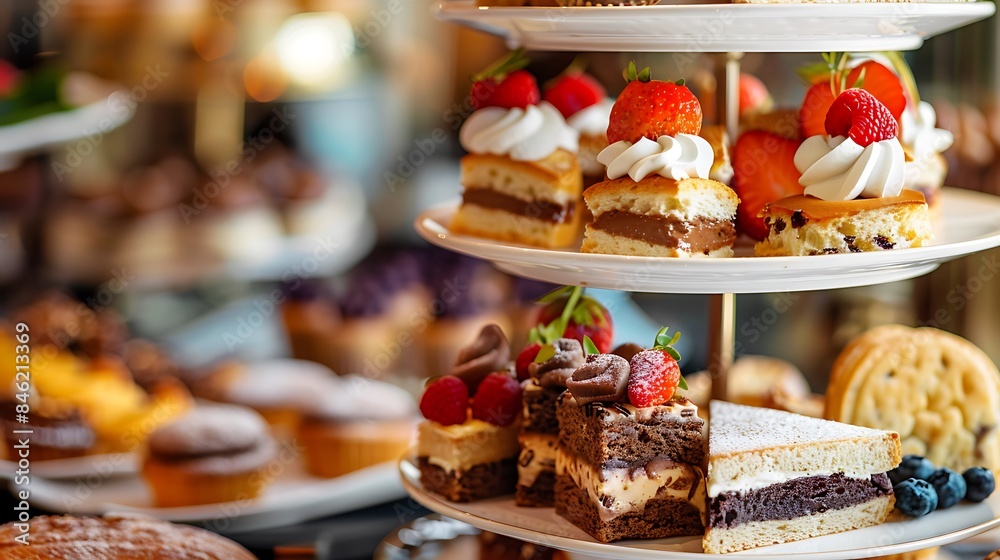 Traditional english afternoon tea sweets cakes sandwiches concept