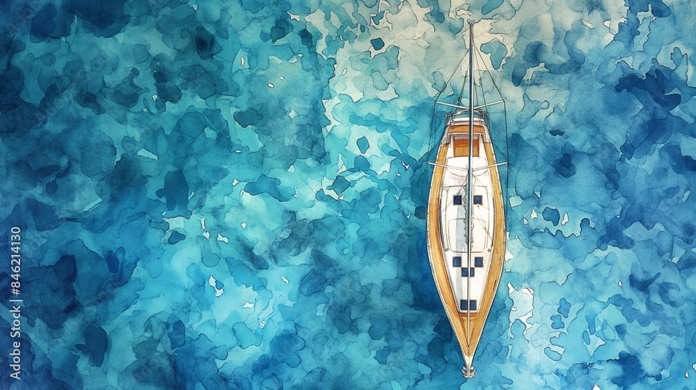 A small boat floats on a calm blue lake under a bright summer sky in watercolor style. A small boat floats on a calm blue lake under a bright summer sky in watercolor style.