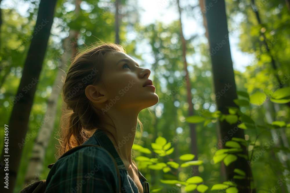 Woman in the forest Surrounded by autumn trees Revealing the beauty of nature concept Woman in the forest Surrounded by autumn trees Revealing the beauty of nature concept