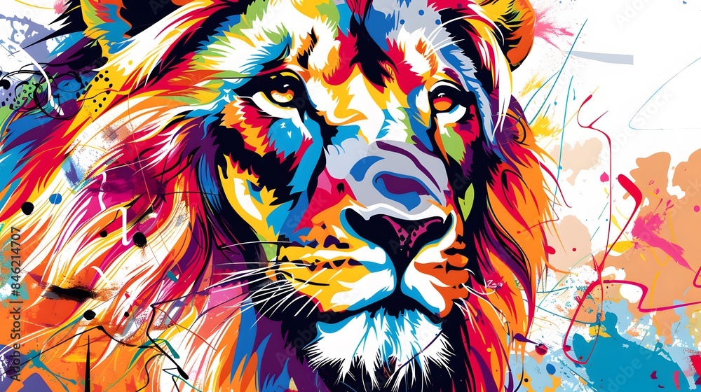 Fototapeta premium creative colorful lion king head on pop art style with soft mane and color background
