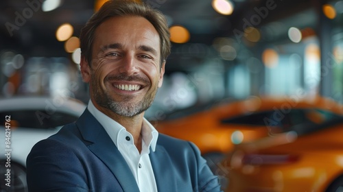 Smiling Luxury Car Salesman in Expensive Showroom - Business of Automotive Industry, Luxury Car Agent at Auto Dealership Office