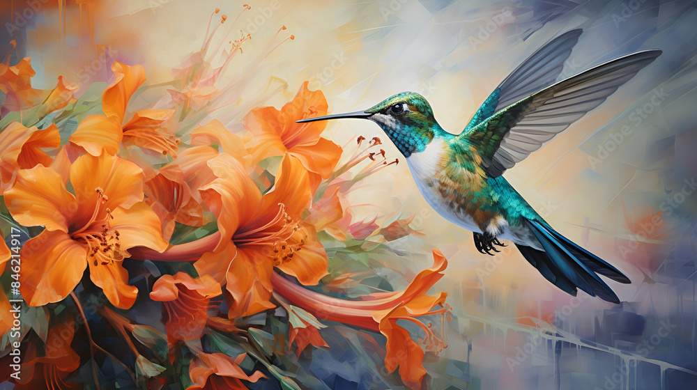 Hummingbird in Flight Amidst Orange Blooms on Brush-Stroke Canvas Hummingbird in Flight Amidst Orange Blooms on Brush-Stroke Canvas