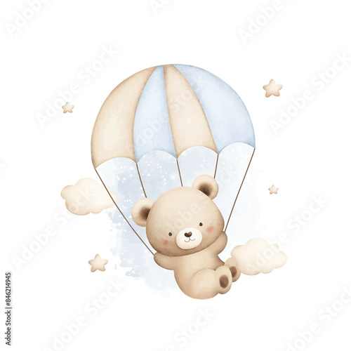 Watercolor Illustration Cute Baby Teddy Bear Fllies with Parachute