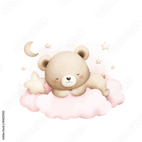 Watercolor Illustration Cute Baby Teddy Bear Sleeps on Cloud with Moon and Stars
