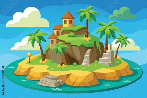 Charming Tropical Island with Palm Trees and Castle - Vector Illustration