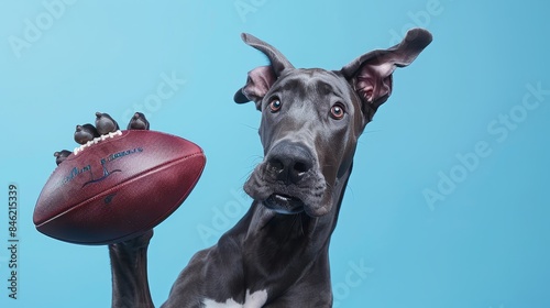A Great Dane dog wearing a football jersey is holding a football in its paw. The dog is looking at the camera with a curious expression on its face.
