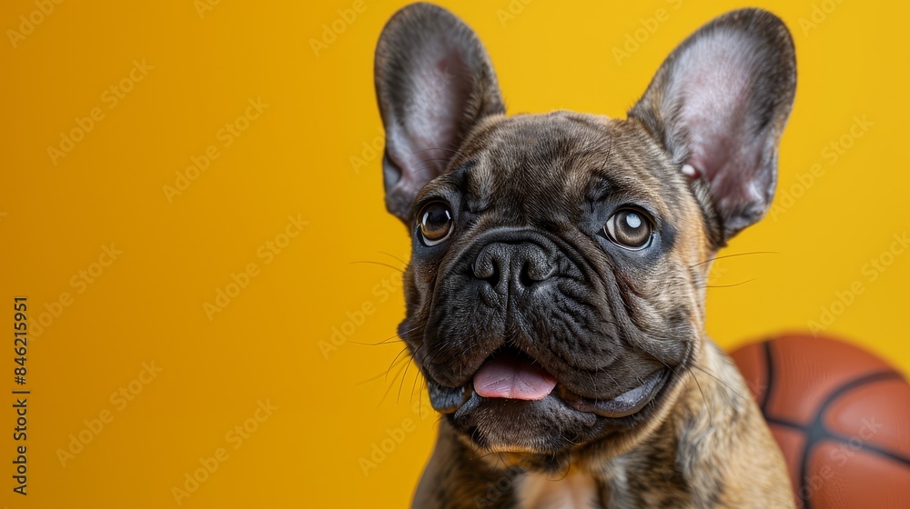 A cute French Bulldog sits beside a basketball on a yellow background. A cute French Bulldog sits beside a basketball on a yellow background.