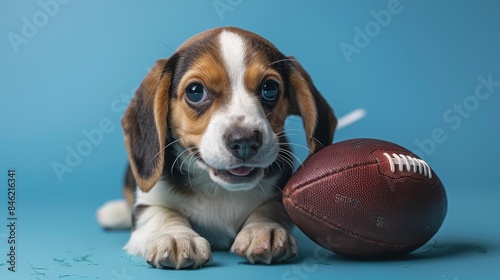 A cute beagle puppy with a football. Perfect for the football season!