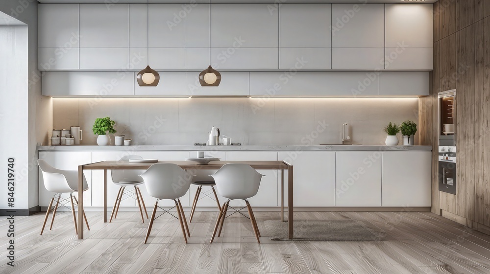 Fototapeta premium Modern kitchen interior featuring a minimalist dining table and contemporary chairs is set against a clean white background wall.