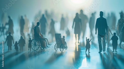 Paper-Cut Human Figures Representing Diversity and Inclusion, Featuring Different Body Types, Genders, Wheelchair User, Elderly Person with Cane, and Pregnant Woman, Warm and Inclusive Atmosphere