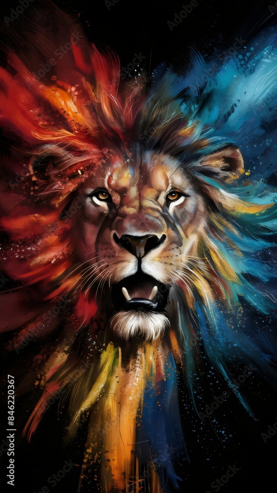 A majestic watercolor lion with a mane that dissolves into a sunset landscape, animals, watercolor style, white background, with copy space A majestic watercolor lion with a mane that dissolves into a sunset landscape, animals, watercolor style, white background, with copy space