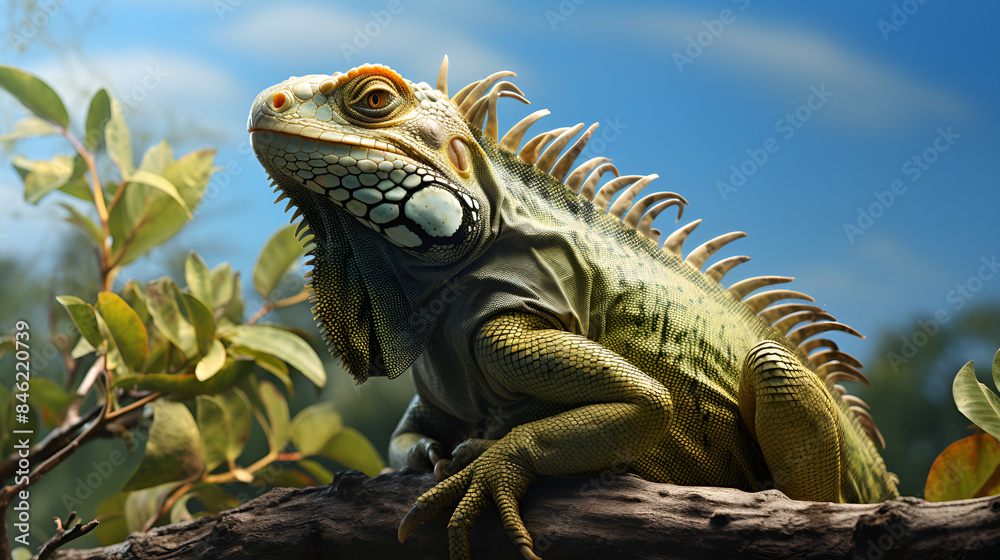 Obraz premium Iguana Perched on a Branch Among Lush Green Leaves