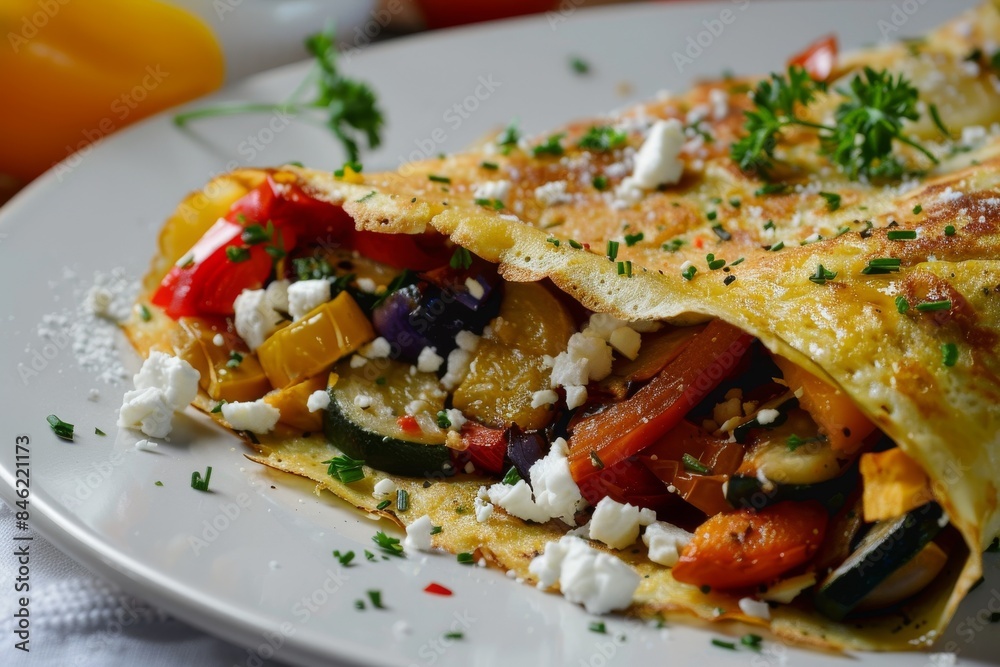 A vegetable crepe filled with roasted vegetables and feta cheese, ready to eat A vegetable crepe filled with roasted vegetables and feta cheese, ready to eat