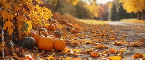 Thanksgiving or autumn scene with pumpkins, autumn leaves. Autumn background and Banner