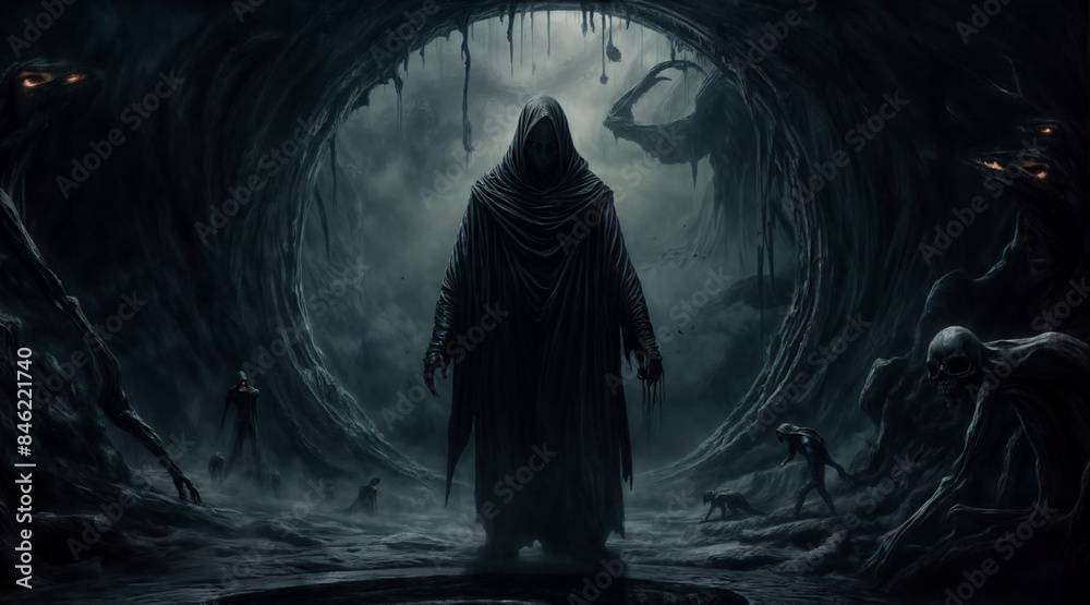 Grim reaper at the entrance to a dark and eerie hell Grim reaper at the entrance to a dark and eerie hell