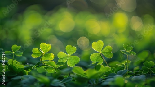 St. Patrick's Day Symbol: Shallow Depth of Field Focus on Biggest Leaf with Three-Leaved Shamrocks on Green Background © hisilly