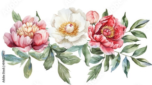 watercolor peonies flowers and green leaves, soft colors, boho style