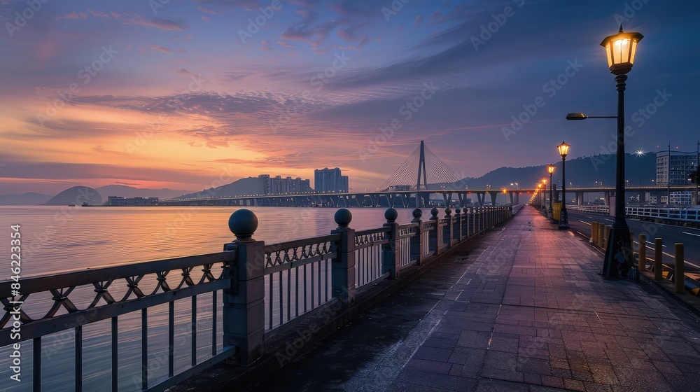 Fototapeta premium A coastal walkway with lit street lamps stretches toward the horizon during a serene sunset to serve as a calming travel backdrop.
