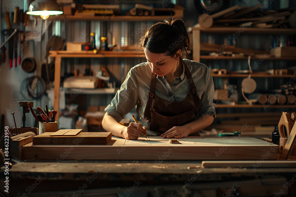 Focused young woman working in a woodworking shop, wearing an apron and using tools, surrounded by shelves of materials and woodworking equipment Focused young woman working in a woodworking shop, wearing an apron and using tools, surrounded by shelves of materials and woodworking equipment