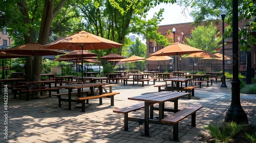 Chicago Open Air Festival outdoor seating area   tables and umbrellas