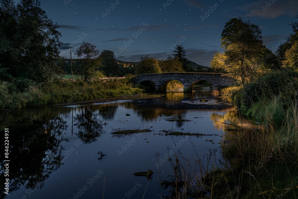 A scenic night view of a countryside bridge over a calm, reflective river A scenic night view of a countryside bridge over a calm, reflective river