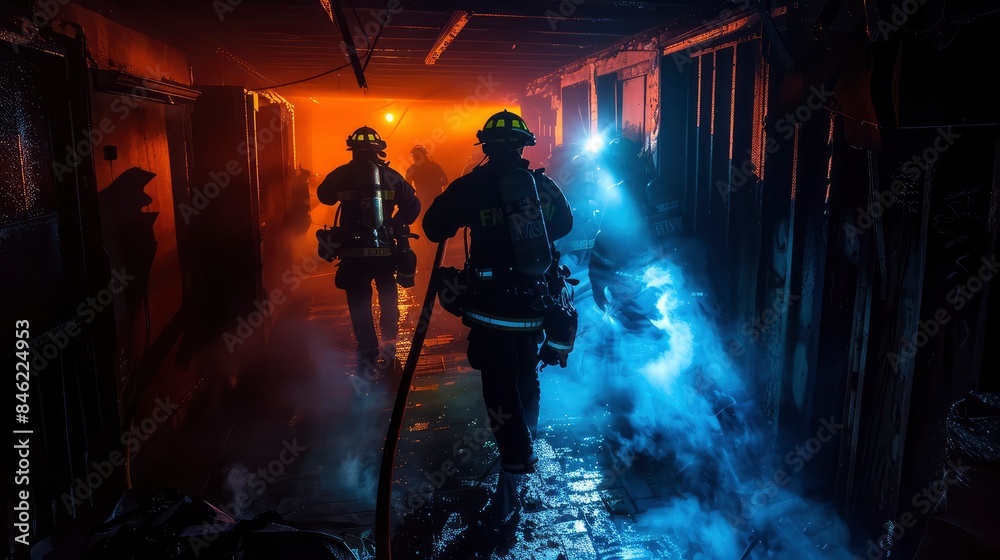 firefighters in full gear battle a raging fire, their silhouettes barely visible against the inferno. The powerful image captures the bravery and dedication of first responders, Generative ai