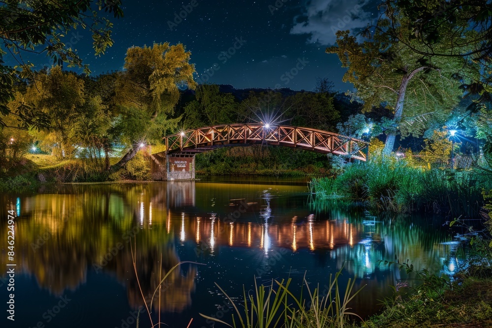 A scenic night view of a countryside bridge over a calm, reflective river A scenic night view of a countryside bridge over a calm, reflective river