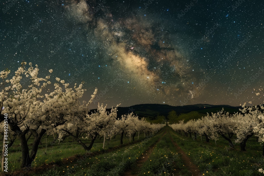 A scenic night view of a countryside orchard with blossoming trees under the stars