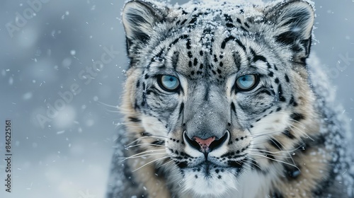 A snow leopard walks through a snowy mountain terrain, highlighting the beauty of wildlife in its natural habitat. Generative ai