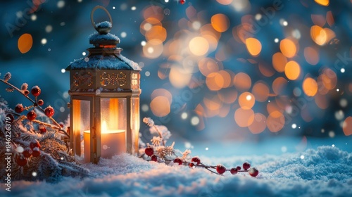 Festive Christmas Lantern with Snowy Decorations and Defocused Landscape