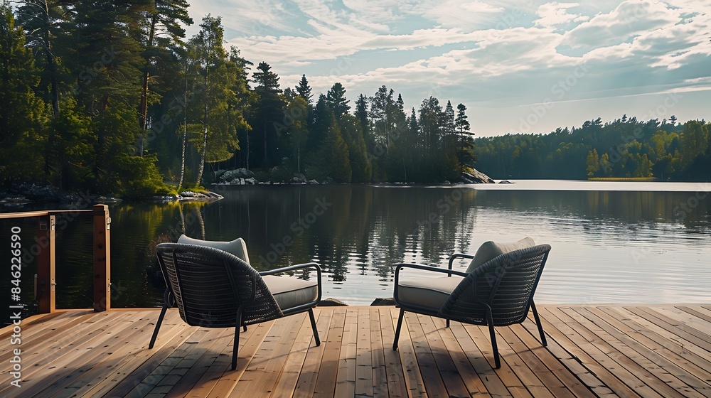 Fototapeta premium Two chairs on a wooden deck facing a lake In the background with a big amount of chairs