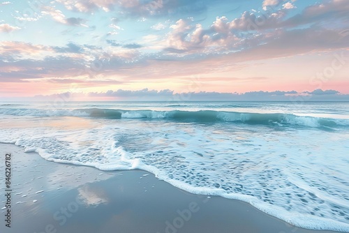 Craft a serene beach setting at sunset in a refreshing rear view composition, focusing on the calming waves and a pastel-colored sky,