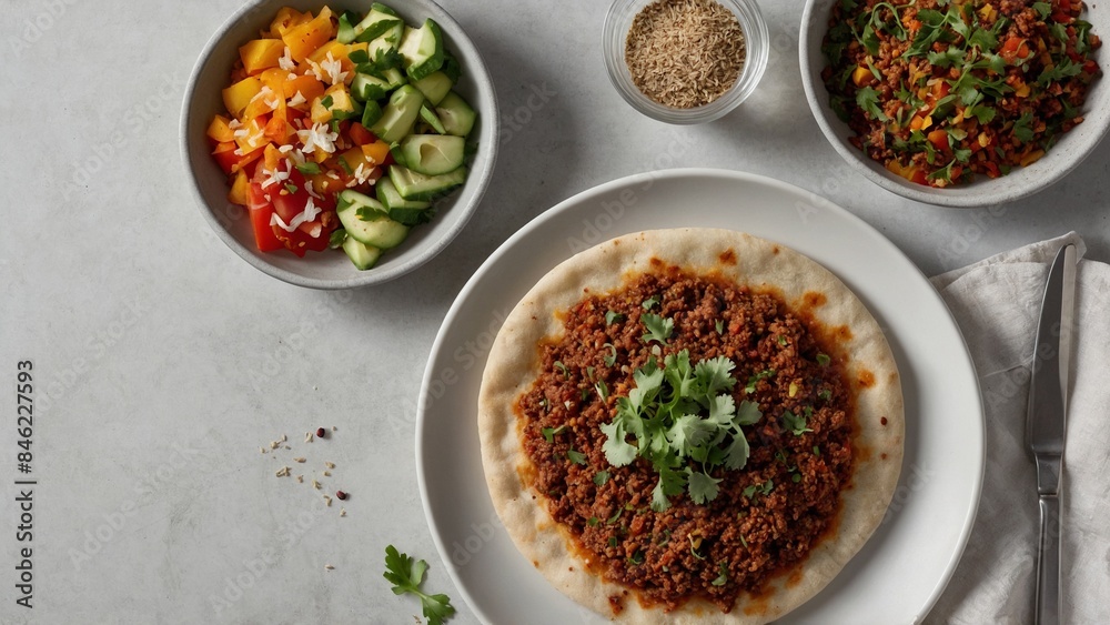 Lahmacun - A thin, crispy flatbread topped with minced meat, vegetables, and spices. Lahmacun - A thin, crispy flatbread topped with minced meat, vegetables, and spices.