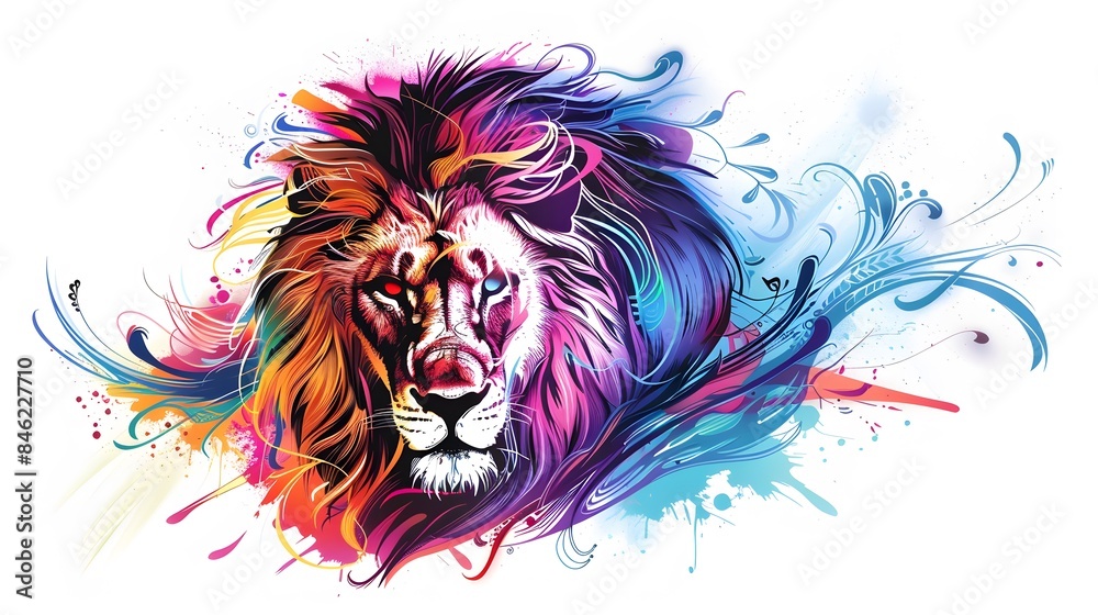 creative colorful lion king head on pop art style with soft mane and color background creative colorful lion king head on pop art style with soft mane and color background