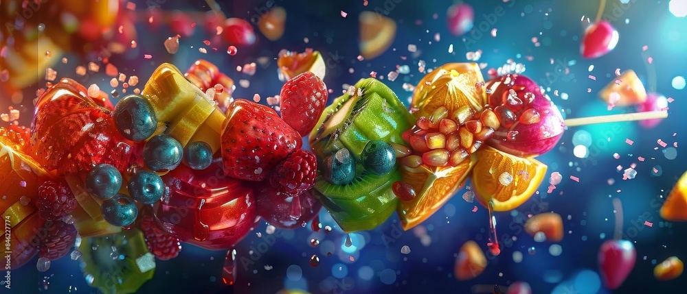 Craft an aerial view depiction of a vibrant, exotic fruit skewer, bursting with colors and textures, rendered in a hyper-realistic digital painting, Craft an aerial view depiction of a vibrant, exotic fruit skewer, bursting with colors and textures, rendered in a hyper-realistic digital painting,