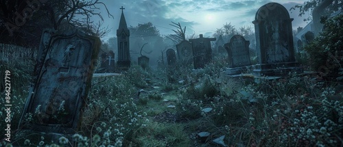 Craft a wide-angle view of a neglected, overgrown cemetery at dusk, with dilapidated gravestones, tangled weeds, and a foreboding atmosphere of decay and forgotten souls,